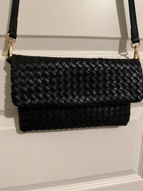 Quince Italian Leather Convertible Clutch Crossbody Bag Black Woven Leather